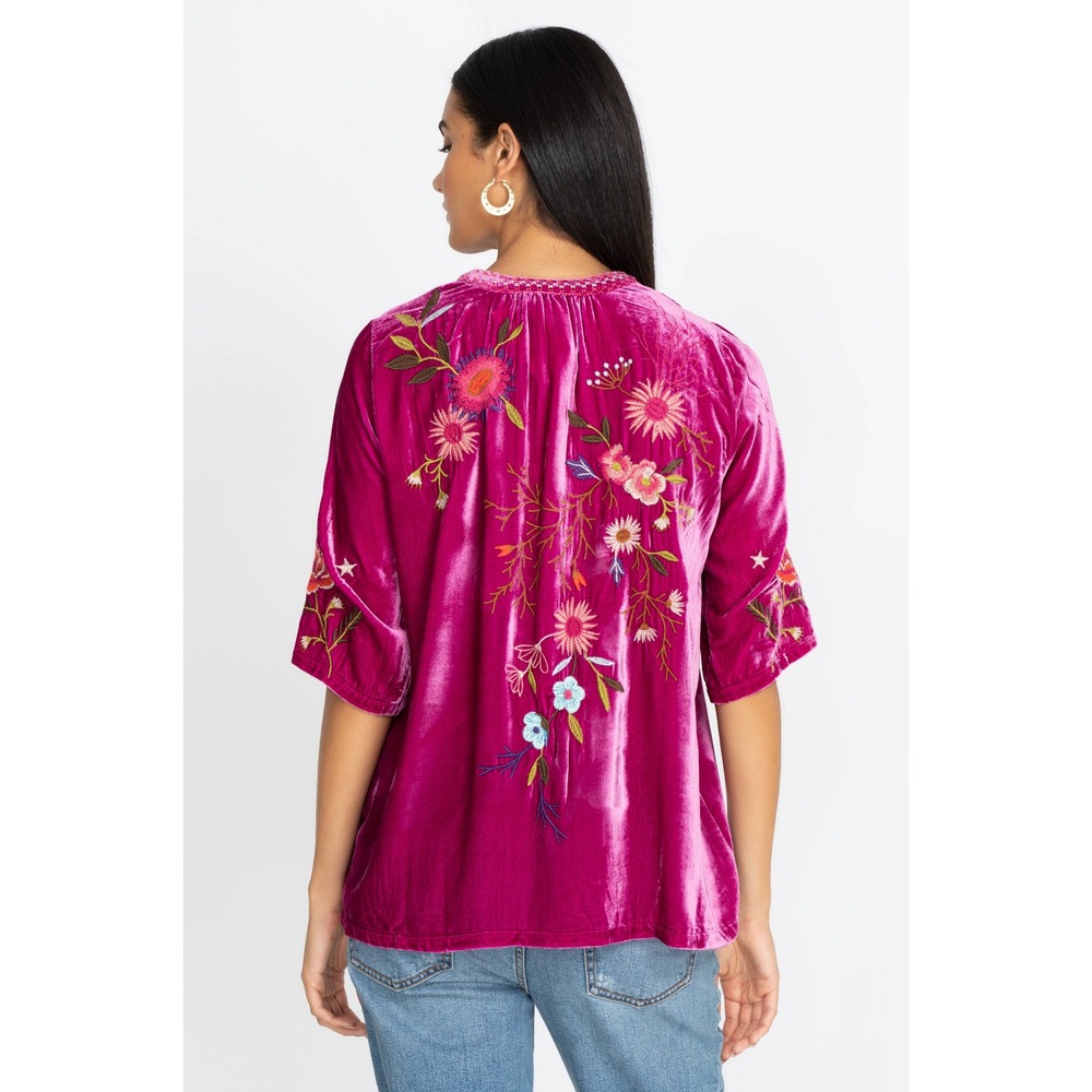 Johnny Was Ulla Velvet Easy V-Neck Blouse Fuchsia Pink Floral Embroidered Small - Picture 2 of 5